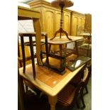 Various furniture, a tile topped dining table, tripod wine table, oak stool with pokerwork shell