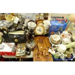 Various kitchenalia, pictures, prints, Pierre Balman handbag, mantel clock, treen, buttons, napkin