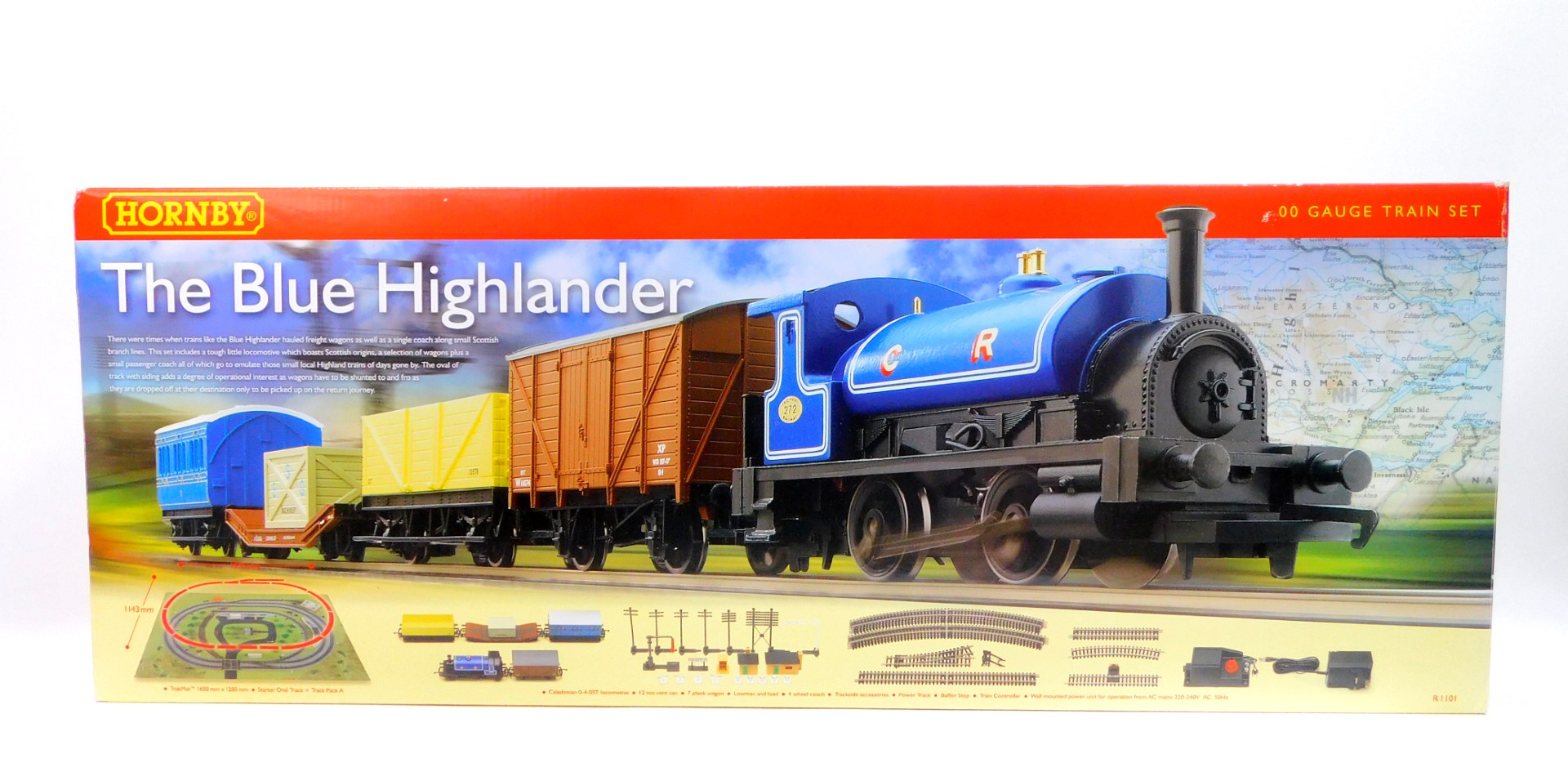 A Hornby The Blue Highlander OO-gauge train set, with Caledonian 0-4-0T locomotive, Vent van, 7