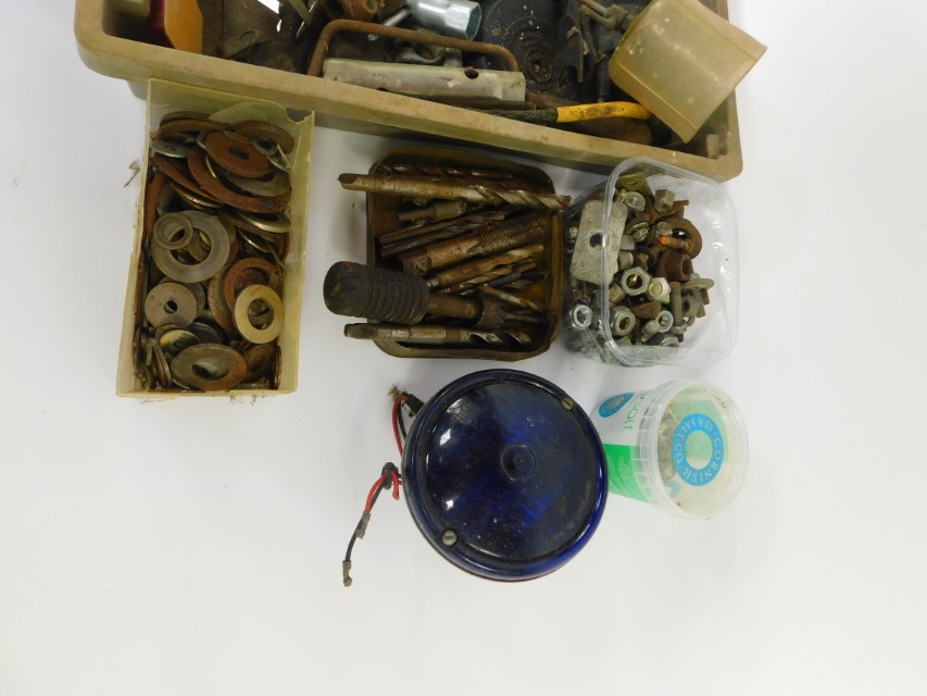 An AA car badge, PMG blue lamp, Lodge spark plug information booklet, drill bits and sundries. ( - Image 2 of 3
