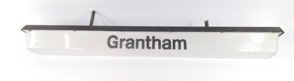 A Grantham railway station overhead illuminated 'Grantham' sign, 169cm wide.