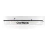 A Grantham railway station overhead illuminated 'Grantham' sign, 169cm wide.