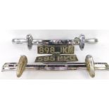 A pair of 1950's MGA front and rear bumpers, bearing registration plates 595PPD & 898JKM.