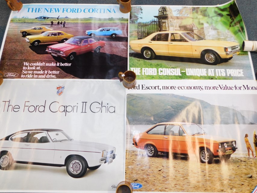 Twenty six 1970's Ford advertising posters, including The Capri, Escort, Granada, Popular, and