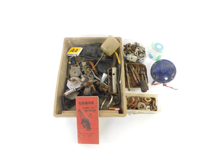 An AA car badge, PMG blue lamp, Lodge spark plug information booklet, drill bits and sundries. (