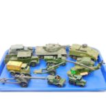 Die cast military vehicles, including a Dinky Toys Alvis tank, field artillery tractor 688, Lesney