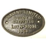 A cast iron railway sign, Cravens Limited Builders Sheffield lot no. 303234 1956, 18cm wide,