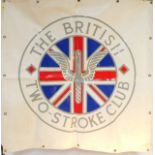 A British Two Stroke Club canvas banner sign, showing the club's motif against a white ground,