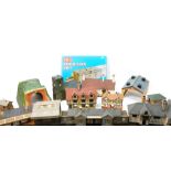 Various OO-gauge train layout accessories, including buildings, engine sheds, etc., boxed Peco train