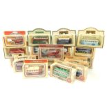 Lledo and Days Gone die cast vehicles, including a Mill bus, other buses, red and white, Morell's,