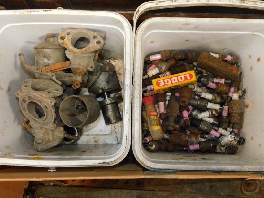 An Absaar battery charger, spark plugs, Atlantic bulb box, tools, Lotus car parts and manuals. ( - Image 2 of 4