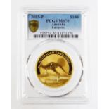 An Australian gold one hundred dollar kangaroo coin, marked 2015, 9999 gold 1oz, in plastic case.