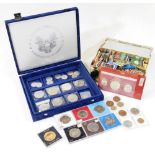 Various collectable coins, etc., decimal GB coins, 50p pieces, commemorative crowns, faux Roman