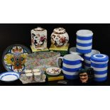 Various pottery and effects, a silver Sherry label, T G Green blue and white jars, some with covers,