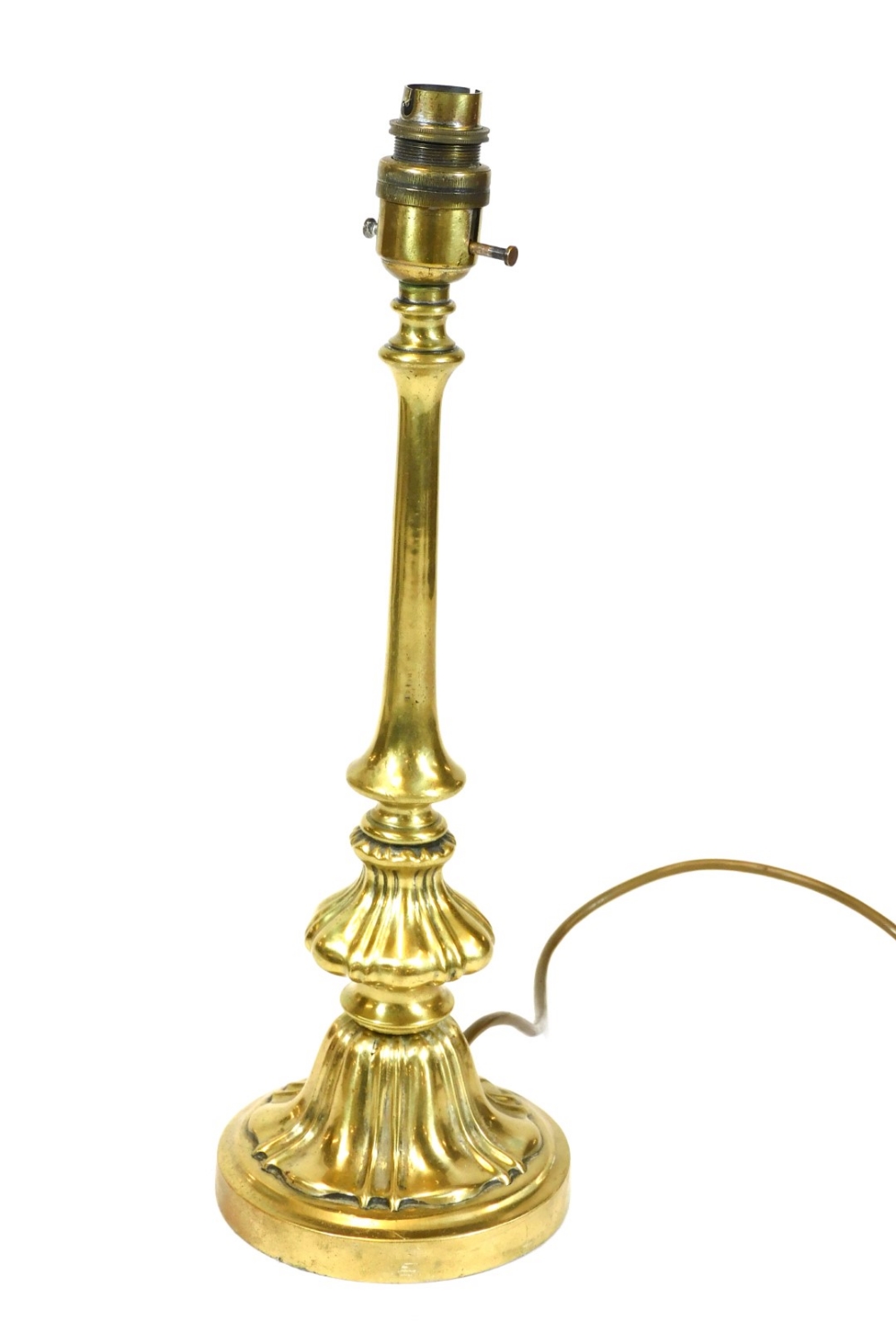 A 20thC brass table lamp, the shaped cylindrical stem with bell flower double stepped base, modern