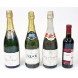 Various alcohol, Asti Spumante sparkling wine, Belnor, half bottle of claret and a bottle of