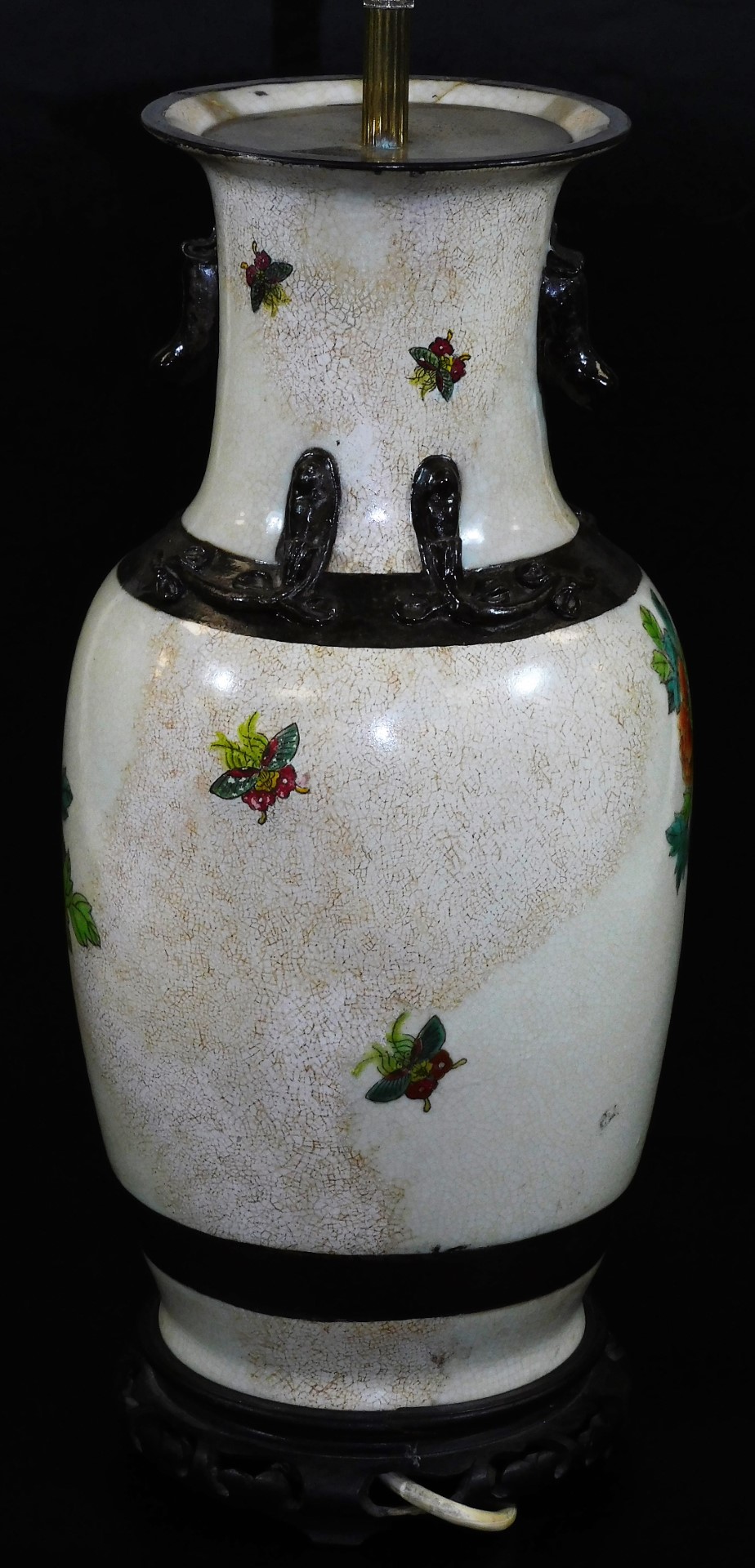 A Japanese pottery lamp vase, of shouldered circular form, polychrome decorated with exotic bird and - Image 2 of 4