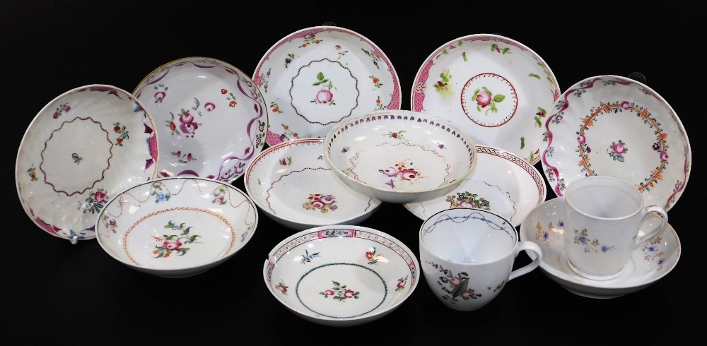 Various early 19thC New Hall and other porcelain, saucers to include one banded in pink broken by