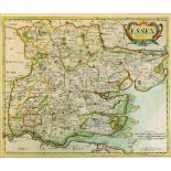 A Robert Morden hand coloured map of Essex, c1695, 35cm x 43cm, glazed and framed. (the frame AF)