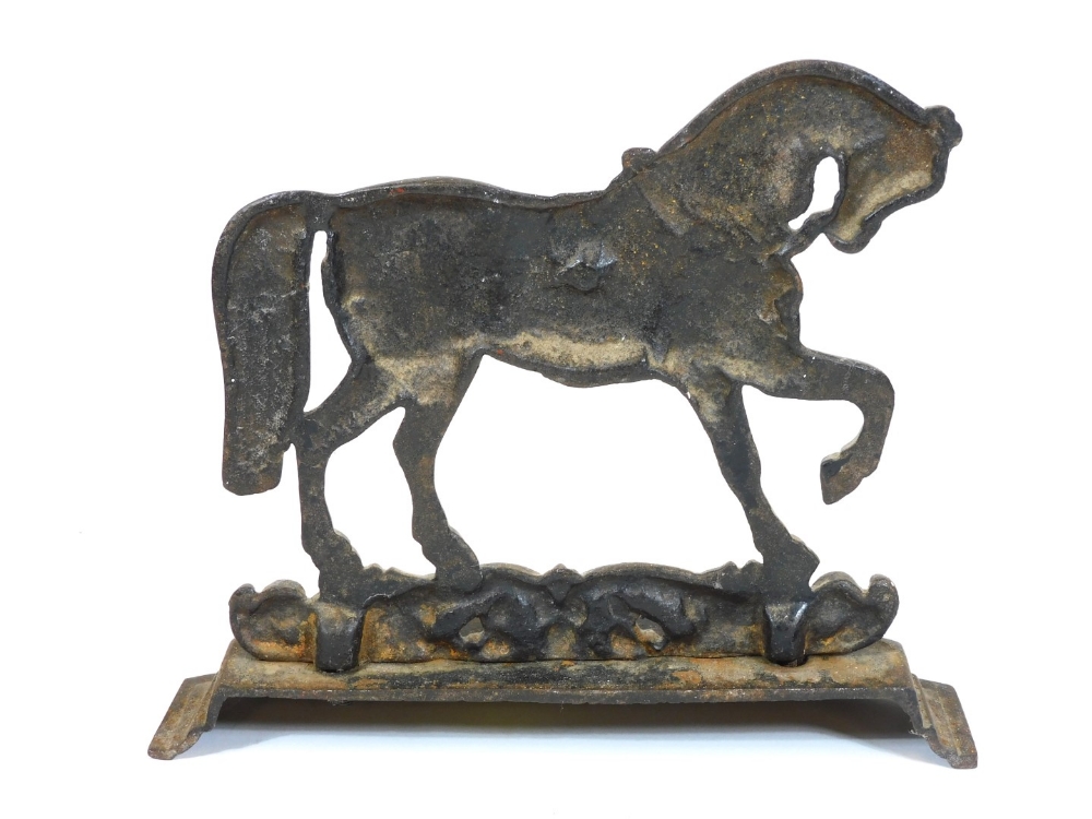 A 20thC cast iron door stop, in the form of a horse, on a stepped base, with pierced scroll stand, - Image 2 of 2