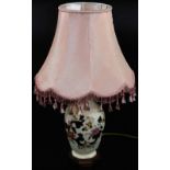 A Mason's Ironstone Mandalay pattern table lamp, with pink shade on wooden plinth base, 52cm high.