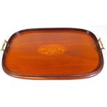 An 20thC mahogany tea tray, of oval form with galleried edge, shaped handles and central patera with