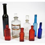 Various glass poison, pharmaceutical and other bottles, to include three red glass Lung Tonic and