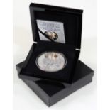 A cased five pound fine silver proof edition Queen Elizabeth II Trisdan Da Cunha coin, 7cm diameter,