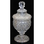 An early 20thC pressed glass bon bon jar and cover, with hobnail cut lid and bellied body