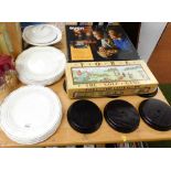 A small quantity of dinner plates, Fore The Golf Game 38cm wide, a Bush boxed portable DVD player