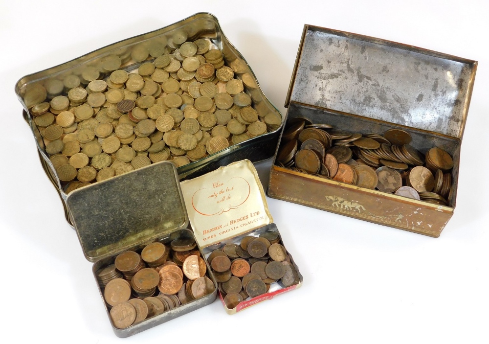 Various GB coins, brass 3d bits, various tins of other coins, low denomination, etc. (a quantity)