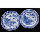 A pair of Chinese export blue and white porcelain plates, of octagonal form decorated with a scene