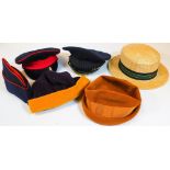 Various hats, a straw boater with green, yellow and blue bow, interior measurement 20cm x 17cm, a