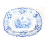A 19thC Fairy Villas blue and white meat platter, with shaped border, the centre transfer printed