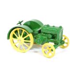 A model of a vintage John Deere tractor, in yellow and green no.0123, 9cm high.
