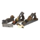 Various vintage wood cabinet-maker's planes, an early 20thC miniature brass plane with wooden wedge,
