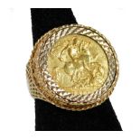 An Edwardian gold full sovereign 1911, in basket weave ring setting, size R, 12g all in.