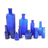 Various blue glass bottles, poison bottles, etc., Not To Be Taken grooved bottle, 18cn high, ink