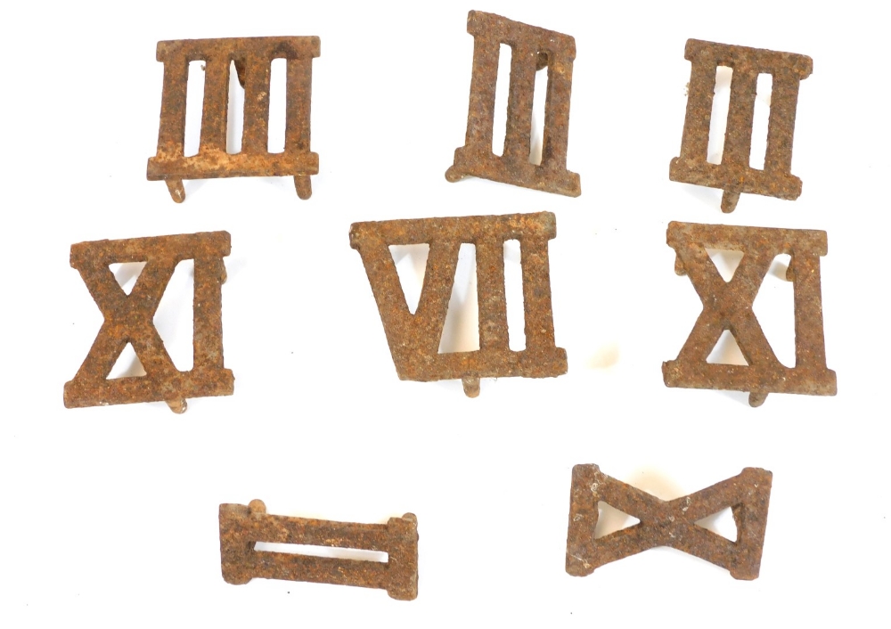 Various iron Roman turret clock numerals, each with cylindrical backs, 6cm wide, etc. (a quantity)