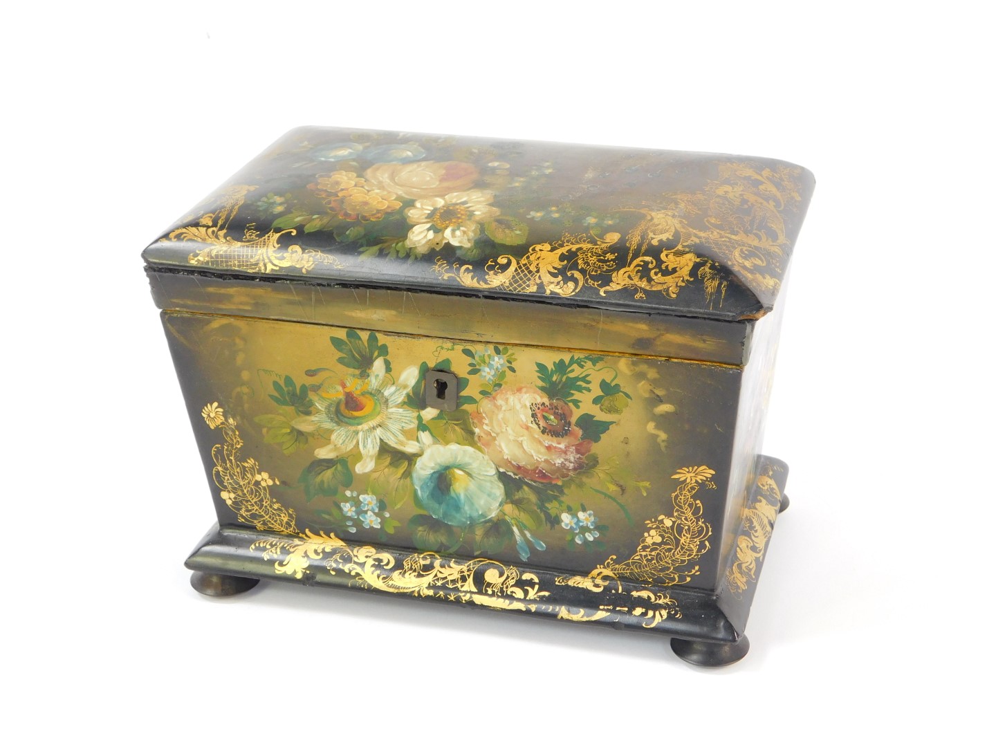 A Victorian papier mache tea caddy, Manner of Jennins & Bettridge, of twin division sarcophagus form