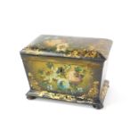 A Victorian papier mache tea caddy, Manner of Jennins & Bettridge, of twin division sarcophagus form