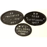A cast iron railway sign, of oval form, BR Doncaster lot no. 30348 1957, 17cm wide, another MRV Co