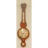 An early 19thC mahogany wheel barometer by Bregazzi of Nottingham, with thermometer, the case with
