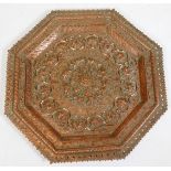 A late 19thC Indian or Burmese octagonal copper plaque, with pierced and raised border, the centre