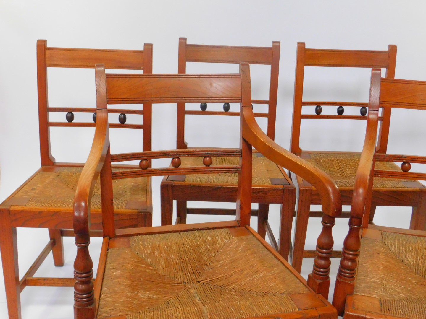 A set of six George III elm and rush seated country dining chairs, comprising pair of carvers and - Image 2 of 4