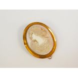 A 9ct gold and cameo brooch, bust portrait of a lady, in an oval mount, with safety chain as