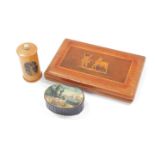 A Neapolitan Olive wood and inlaid cigarette box, marquetry inlaid to the lid with a cupid pulling a
