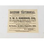 A Mid 19thC poster entitled 'The Robinson Testimonial', requesting the attendance of a meeting at