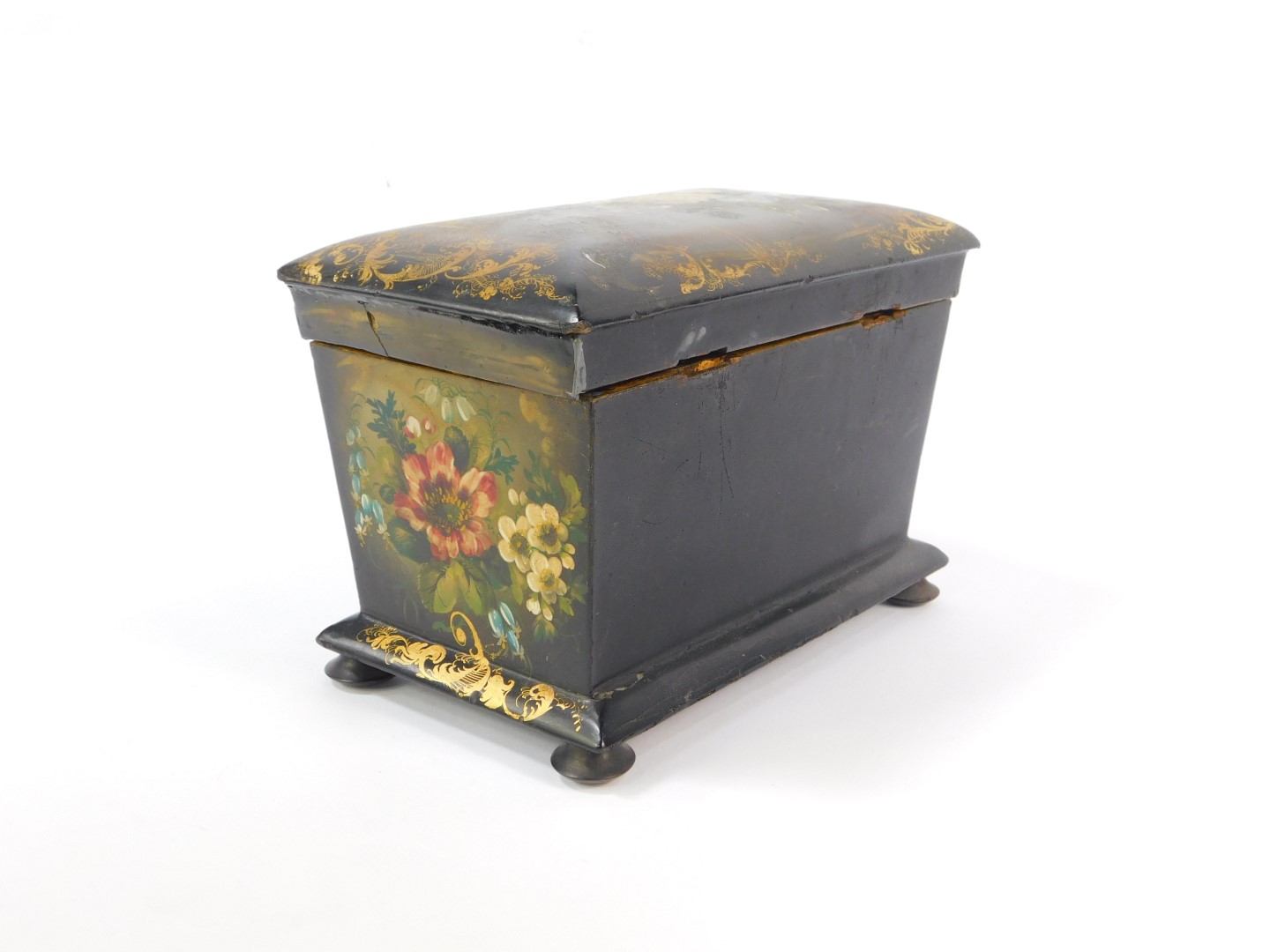 A Victorian papier mache tea caddy, Manner of Jennins & Bettridge, of twin division sarcophagus form - Image 4 of 5