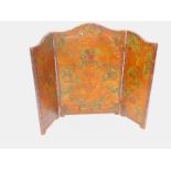 A Continental 19thC leather three fold screen, painted with vases of flowers, a canopy and rococo